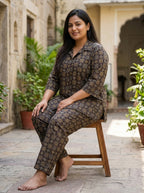 Brown Cotton Floral Print Co-ord Set Plus Size-120067