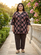 Plus Size Black Cotton Floral Print Co-ord Set-120068