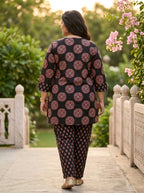 Plus Size Black Cotton Floral Print Co-ord Set-120068