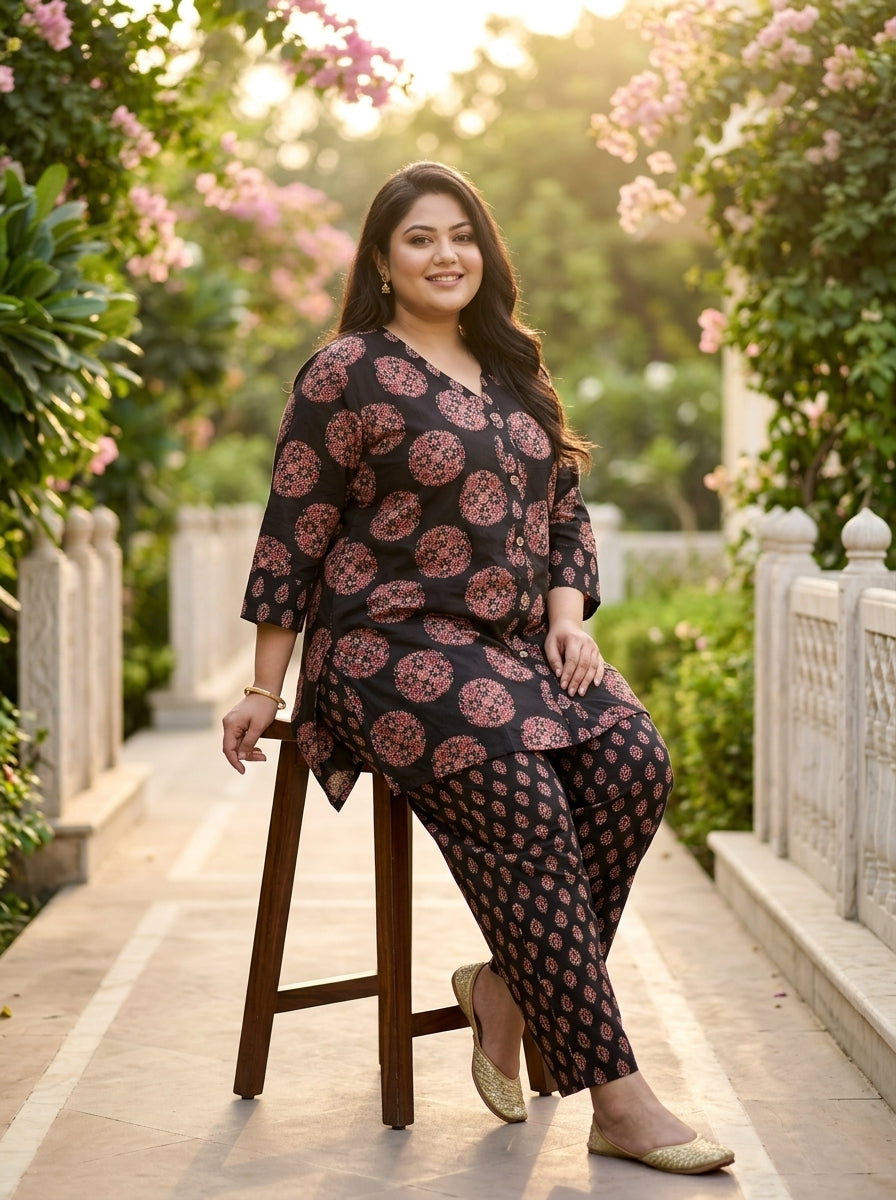 Plus Size Black Cotton Floral Print Co-ord Set-120068