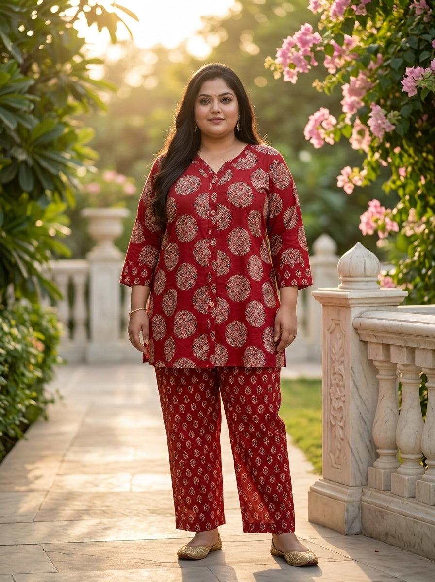 Plus Size Red Cotton Floral Print Co-ord Set-120069 Secondary image