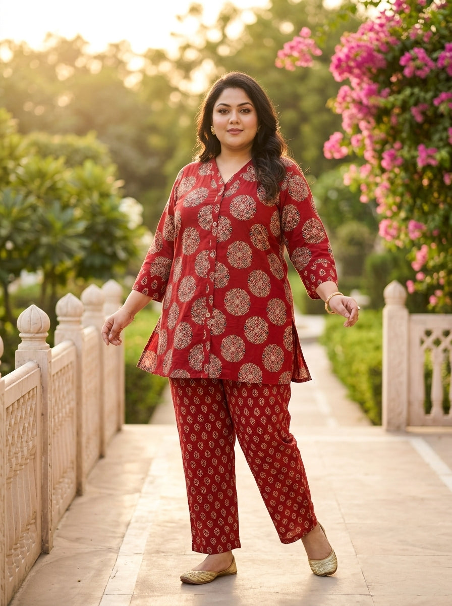 Plus Size Red Cotton Floral Print Co-ord Set-120069 Main image
