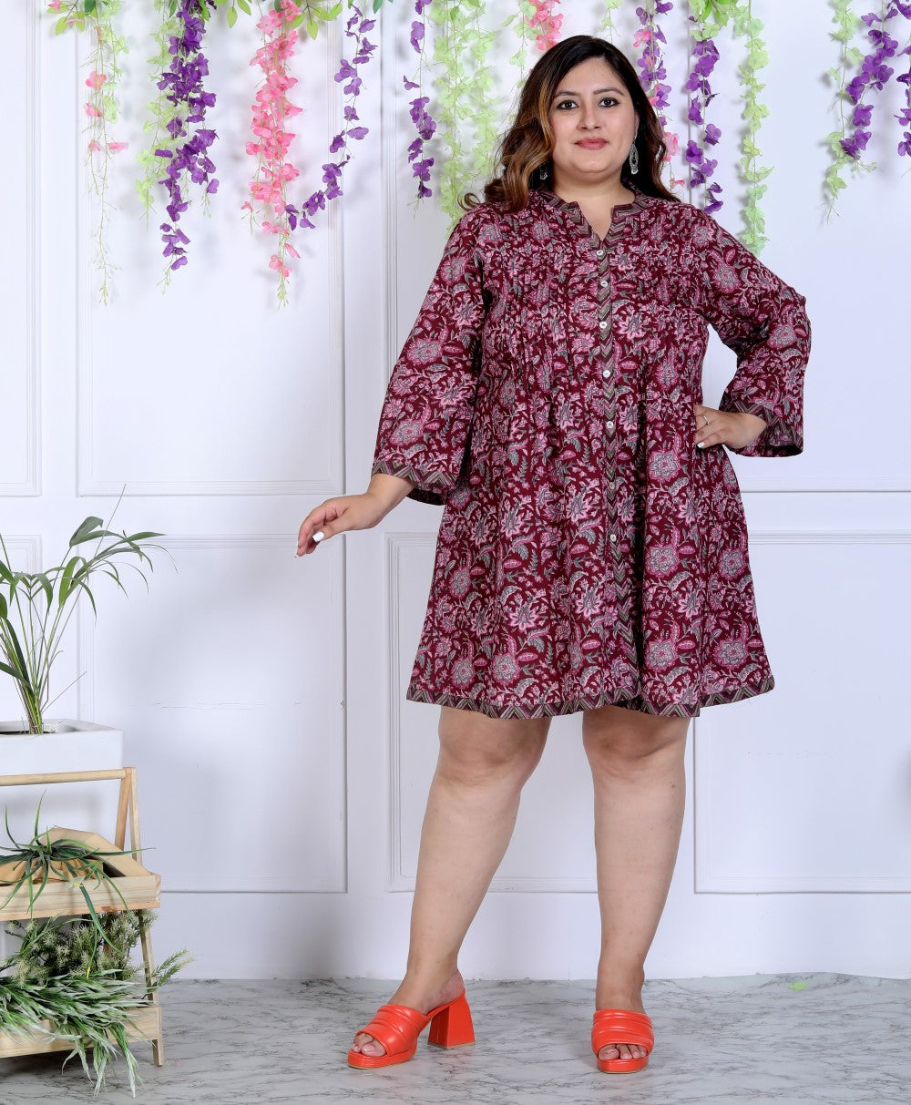 Plus Size Printed Women Maroon Tunic Dress-1300001