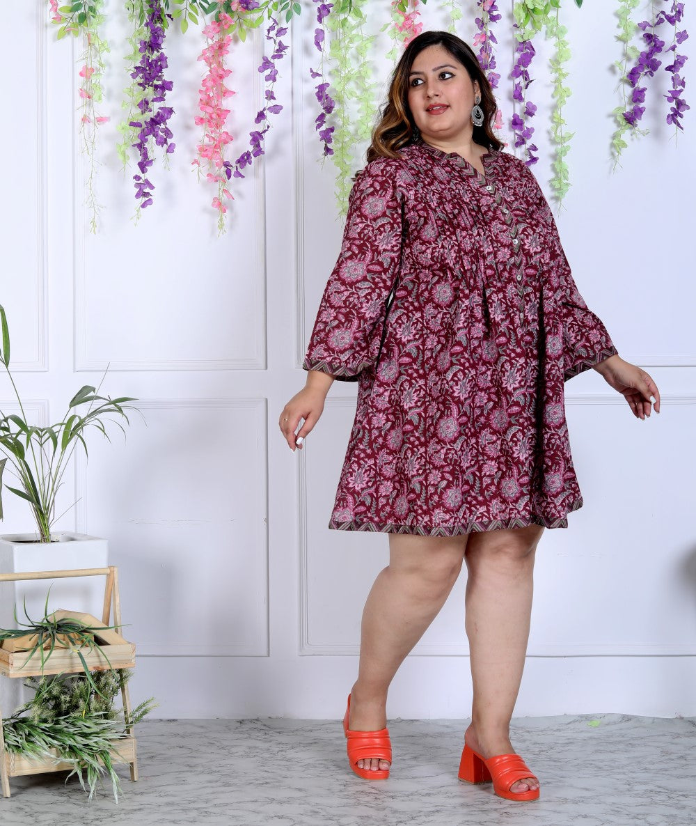 Plus Size Printed Women Maroon Tunic Dress-1300001