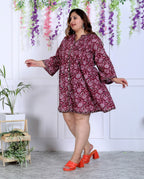 Plus Size Printed Women Maroon Tunic Dress-1300001