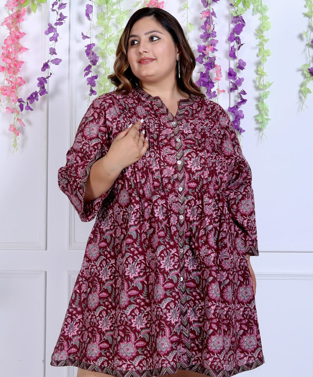 Plus Size Printed Women Maroon Tunic Dress-1300001