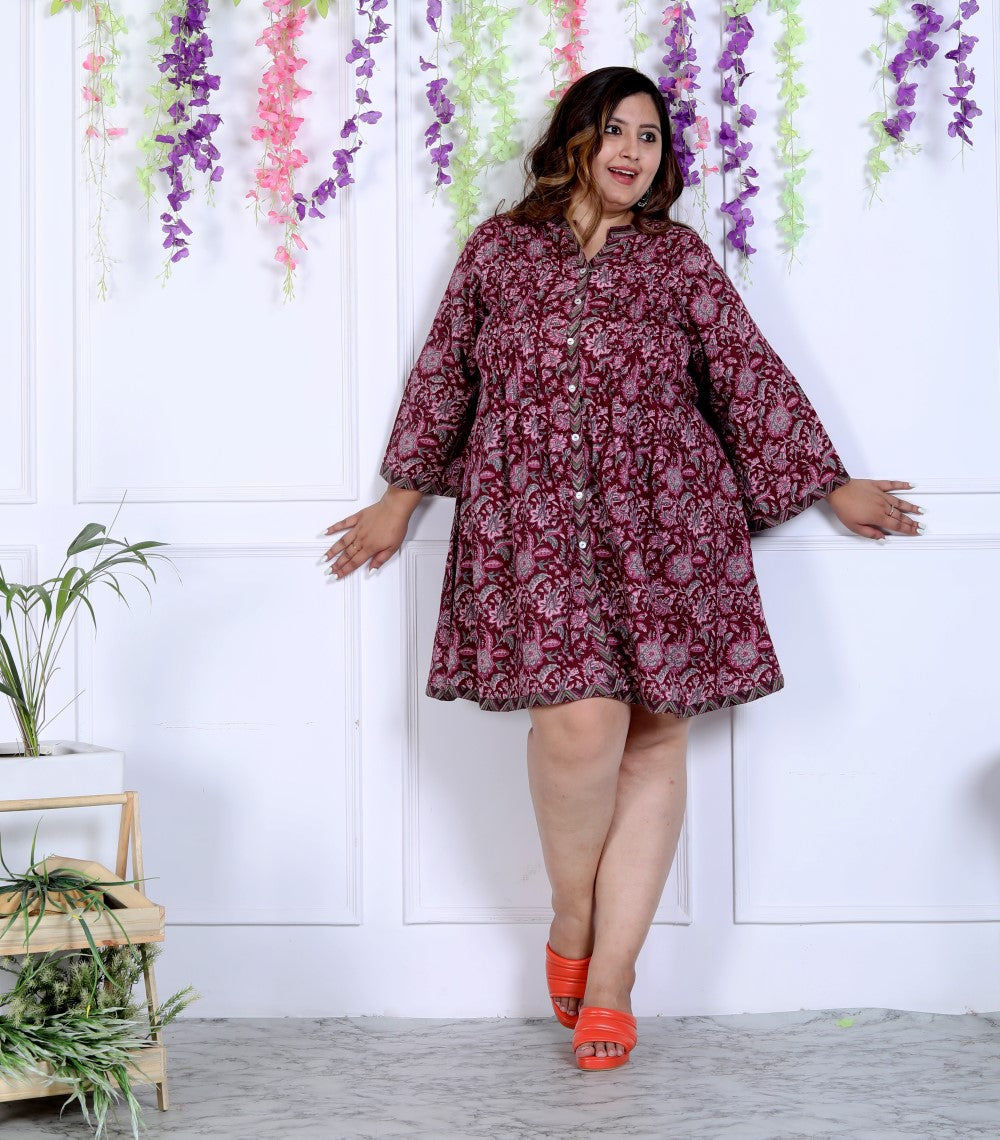 Plus Size Printed Women Maroon Tunic Dress-1300001
