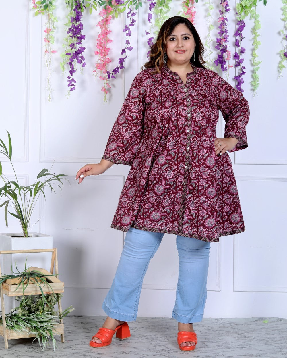 Plus Size Printed Women Maroon Tunic Dress-1300001