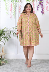 Plus Size Printed Women Yellow Tunic Dress-1300002