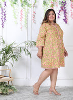 Plus Size Printed Women Yellow Tunic Dress-1300002