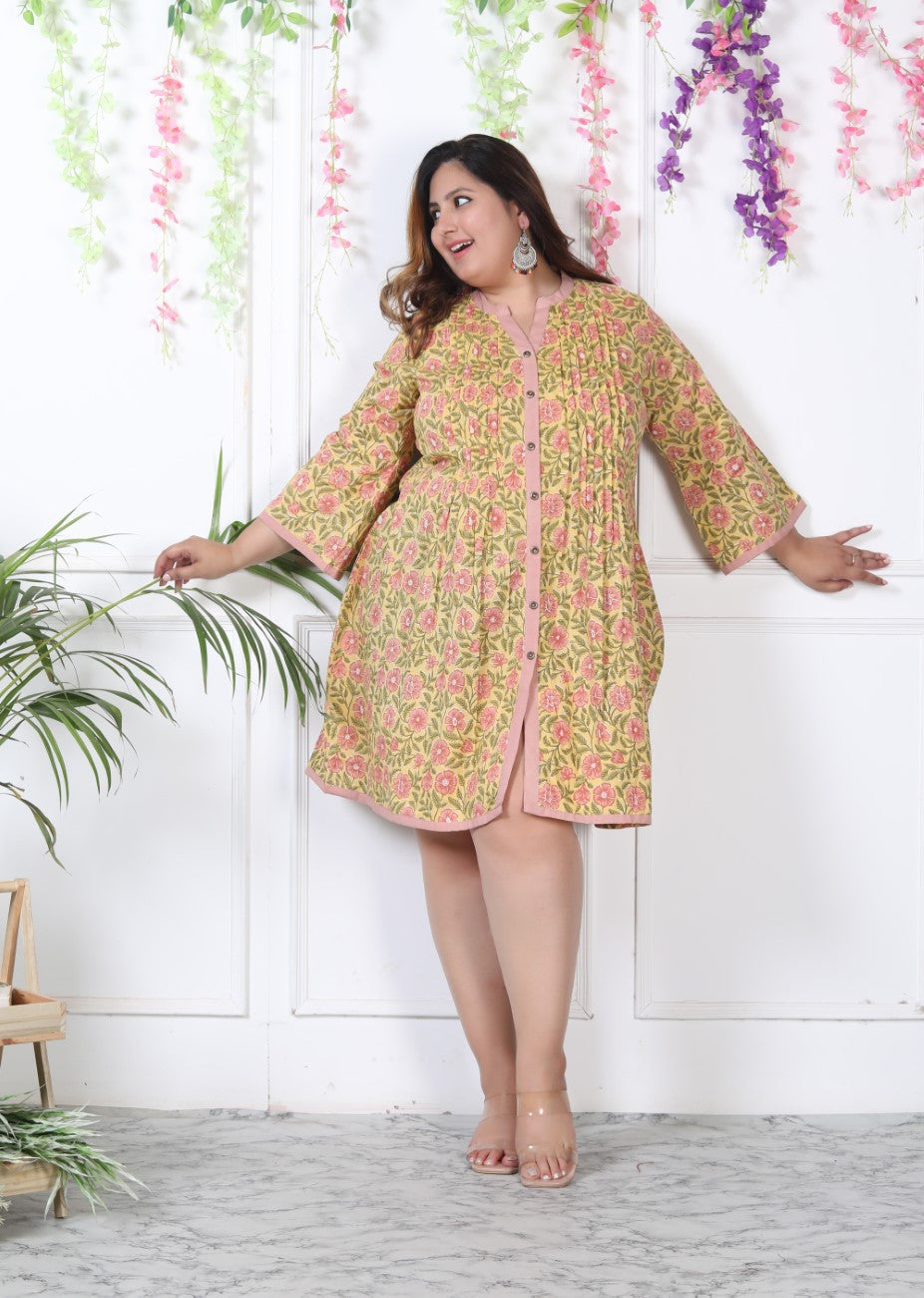Plus Size Printed Women Yellow Tunic Dress-1300002