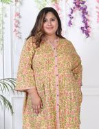 Plus Size Printed Women Yellow Tunic Dress-1300002