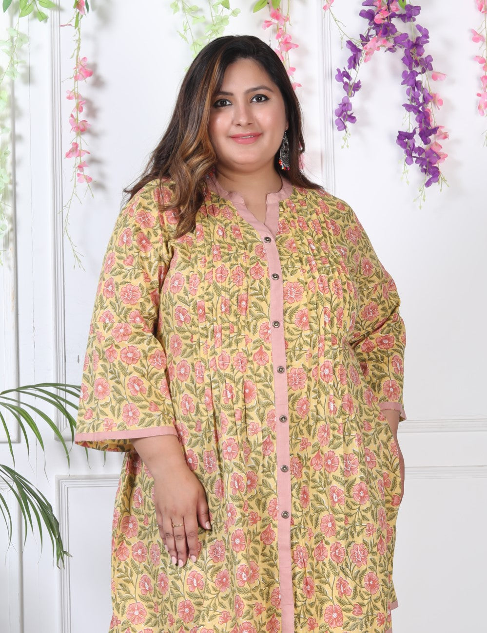 Plus Size Printed Women Yellow Tunic Dress-1300002
