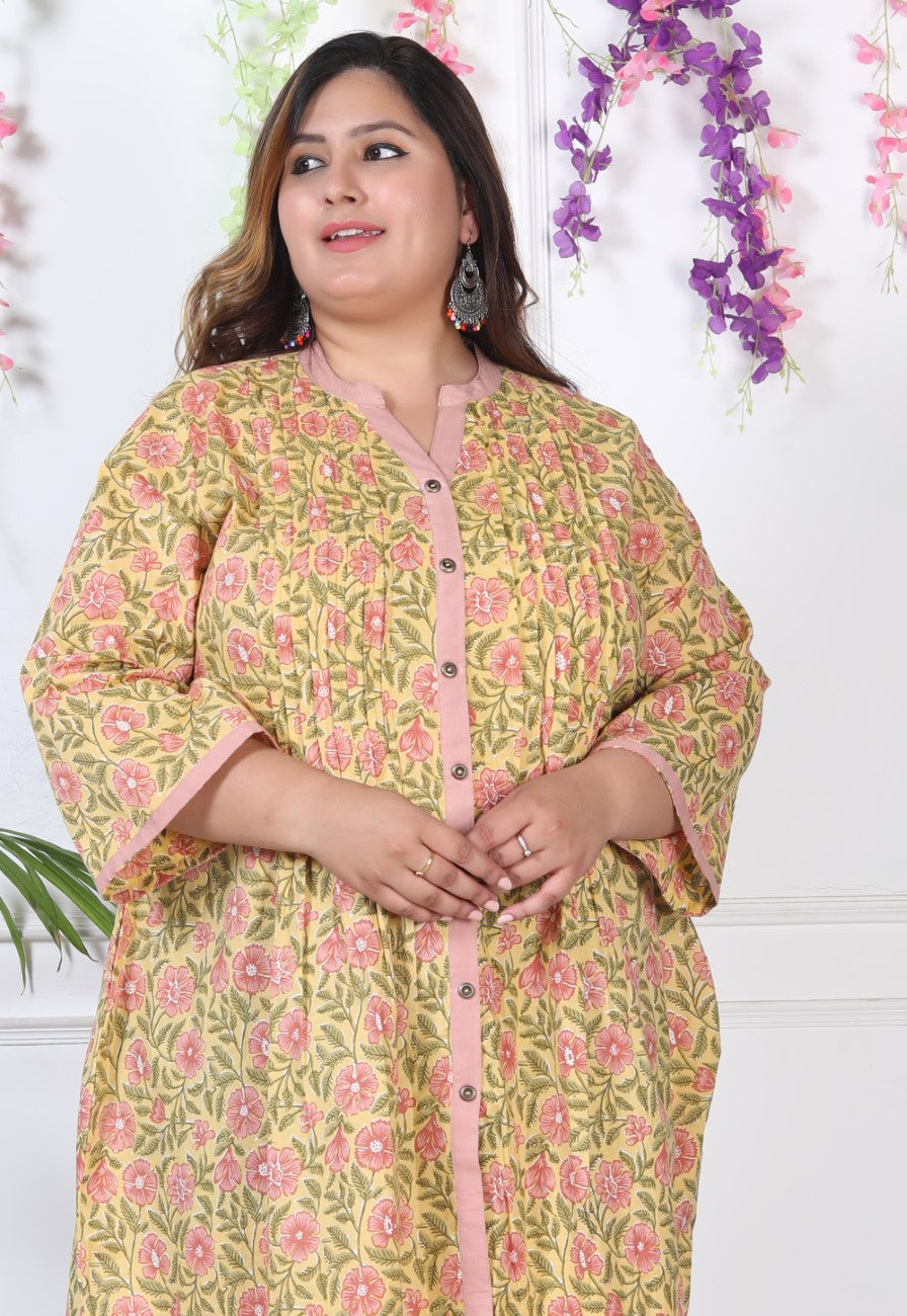 Plus Size Printed Women Yellow Tunic Dress-1300002