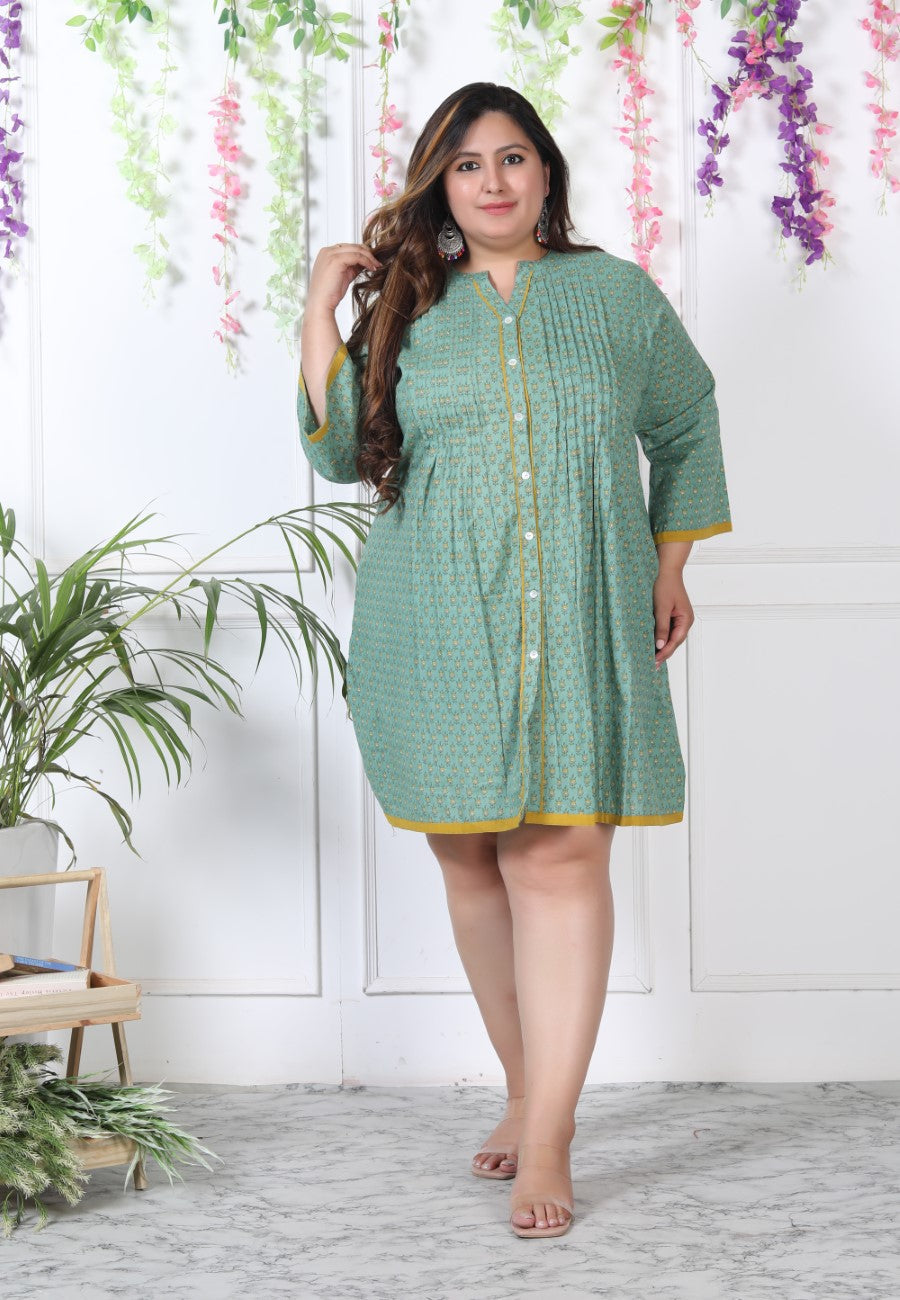 Plus Size Printed Women Green Tunic Dress-1300003