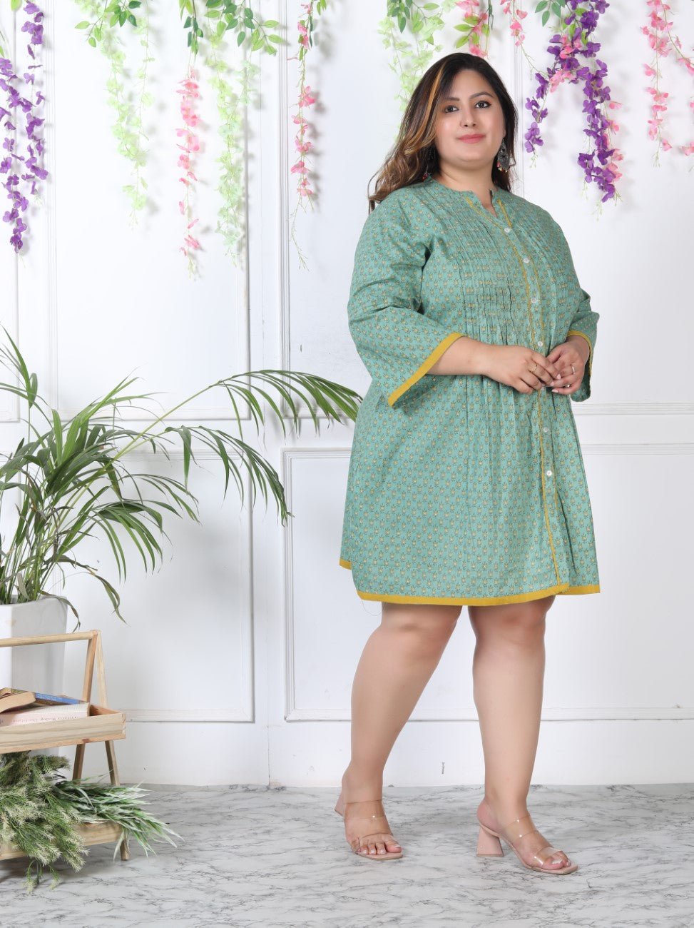 Plus Size Printed Women Green Tunic Dress-1300003