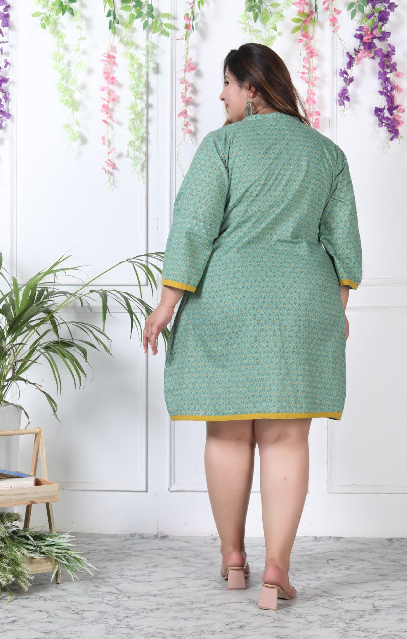 Plus Size Printed Women Green Tunic Dress-1300003