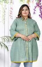 Plus Size Printed Women Green Tunic Dress-1300003