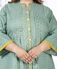 Plus Size Printed Women Green Tunic Dress-1300003