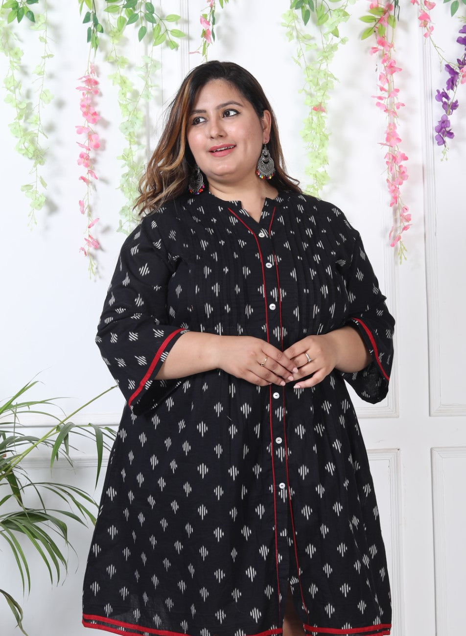 Plus Size Printed Women Black Tunic Dress-1300004