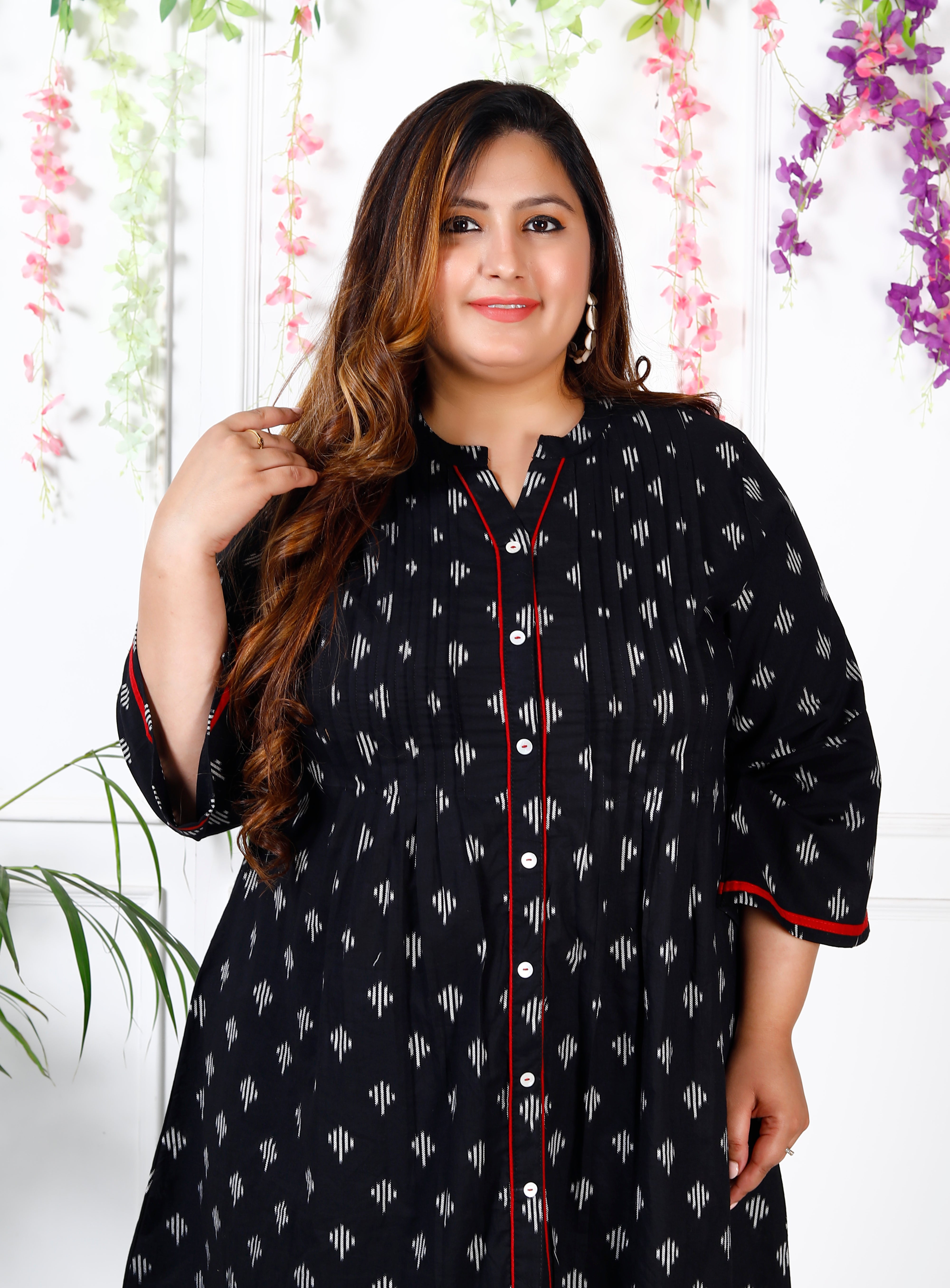 Plus Size Printed Women Black Tunic Dress-1300004