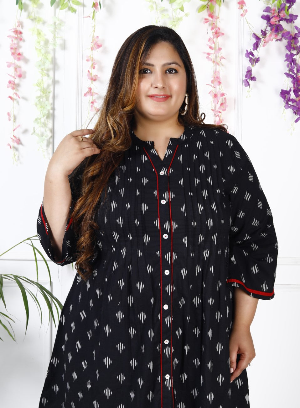 Plus Size Printed Women Black Tunic Dress-1300004
