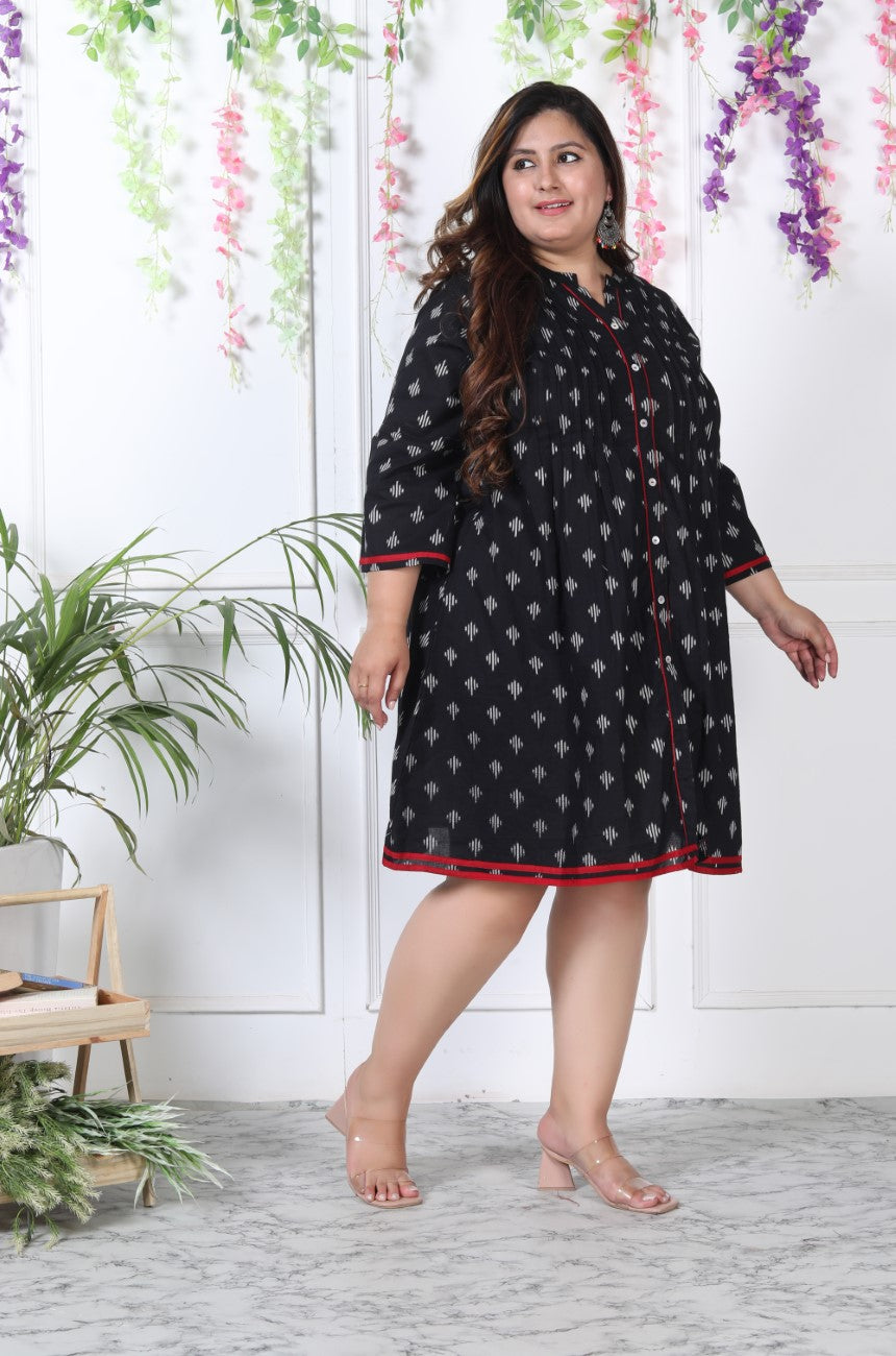 Plus Size Printed Women Black Tunic Dress-1300004