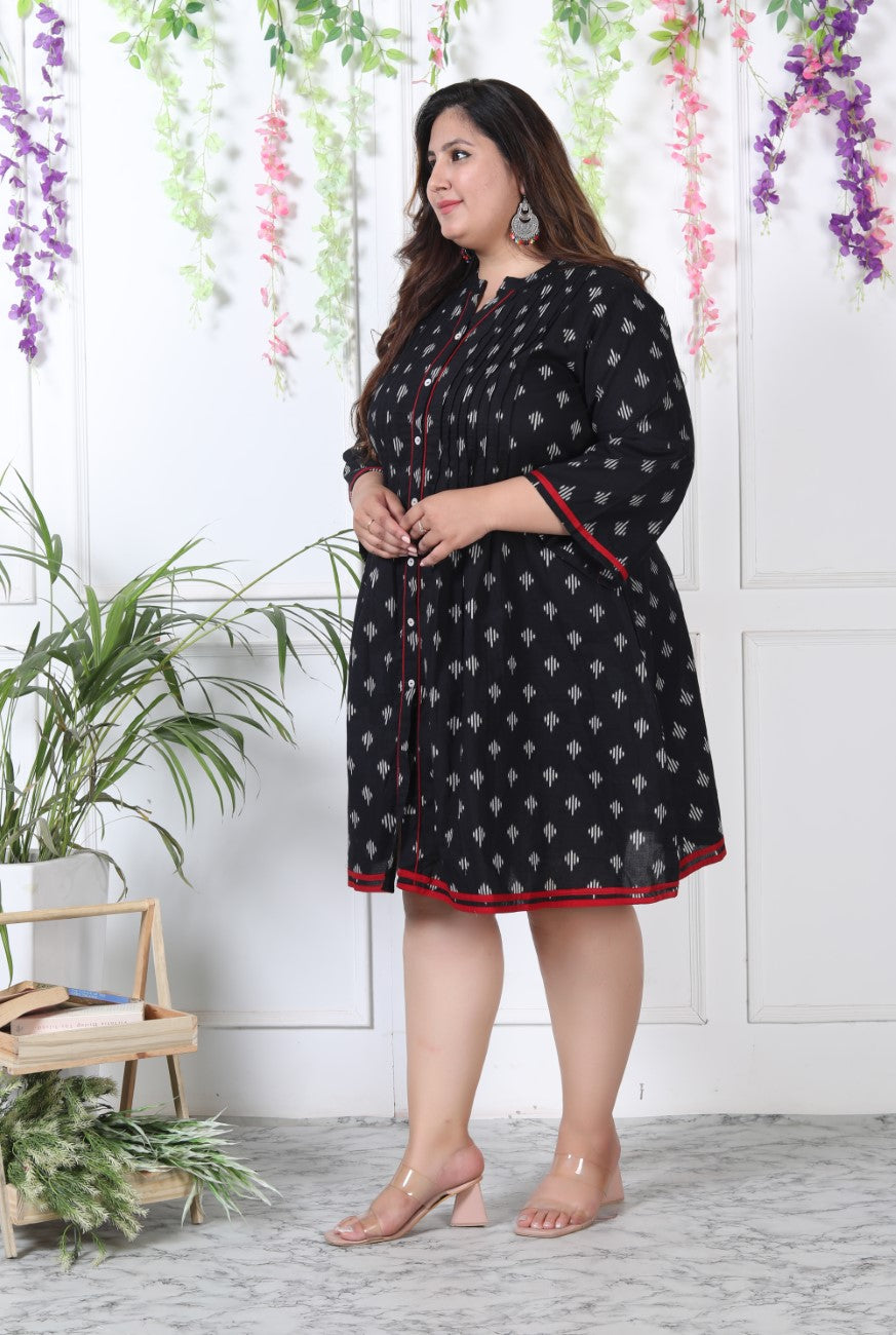 Plus Size Printed Women Black Tunic Dress-1300004