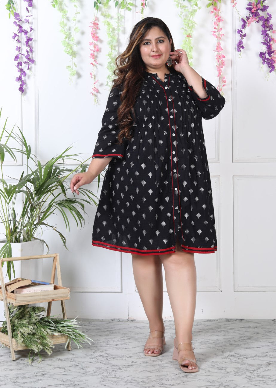 Plus Size Printed Women Black Tunic Dress-1300004