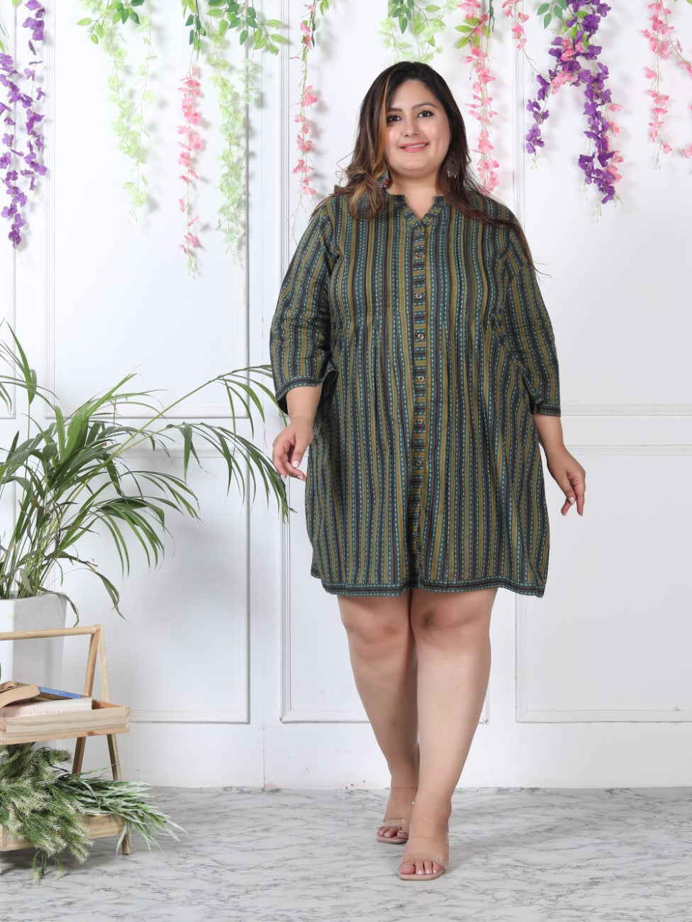 Plus Size Printed Women Green Tunic Dress-1300005 Main image
