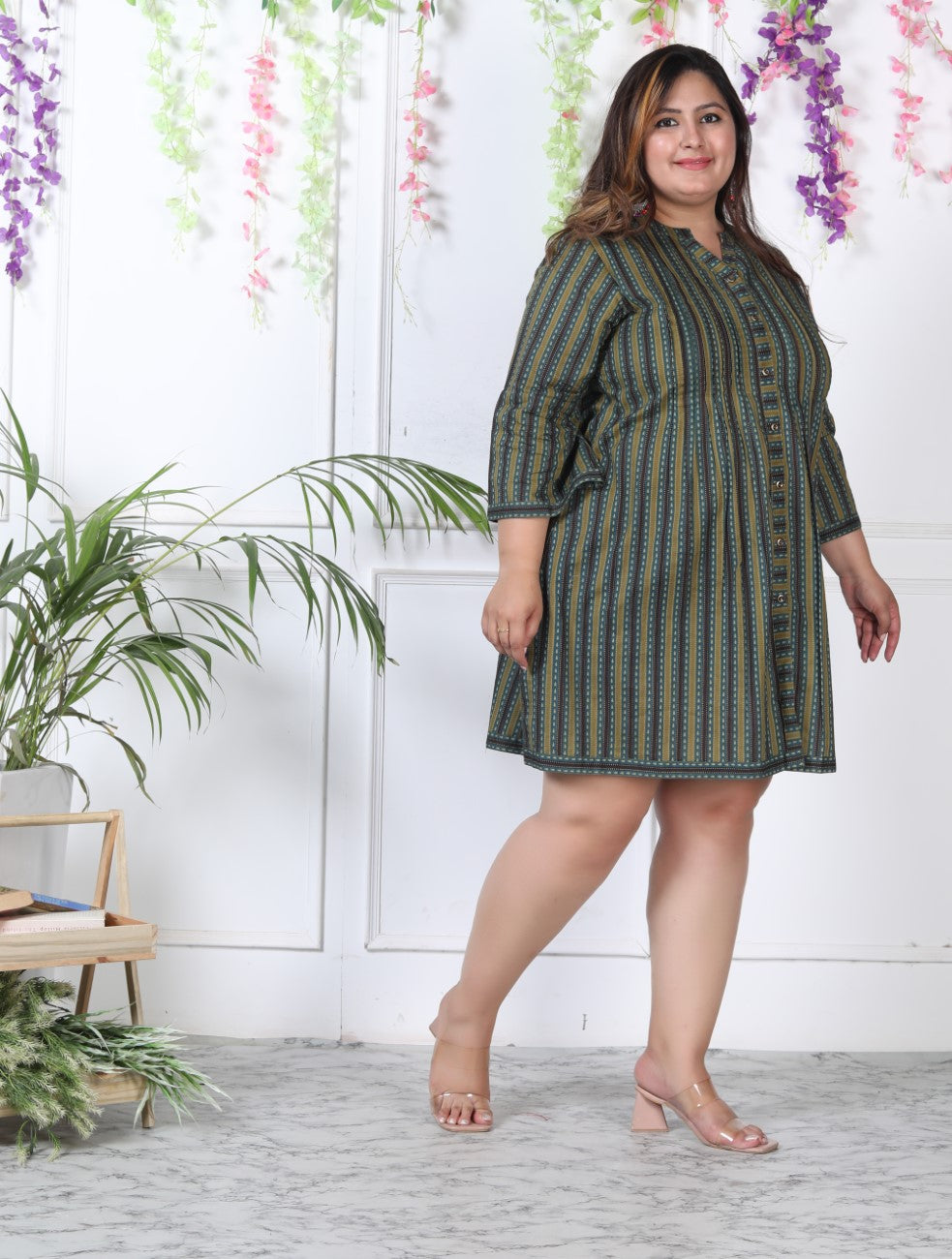 Plus Size Printed Women Green Tunic Dress-1300005