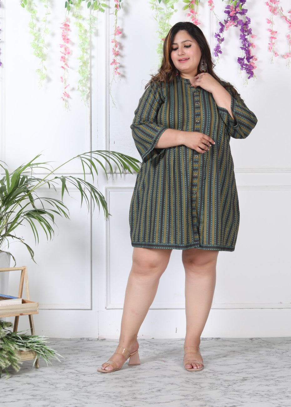 Plus Size Printed Women Green Tunic Dress-1300005