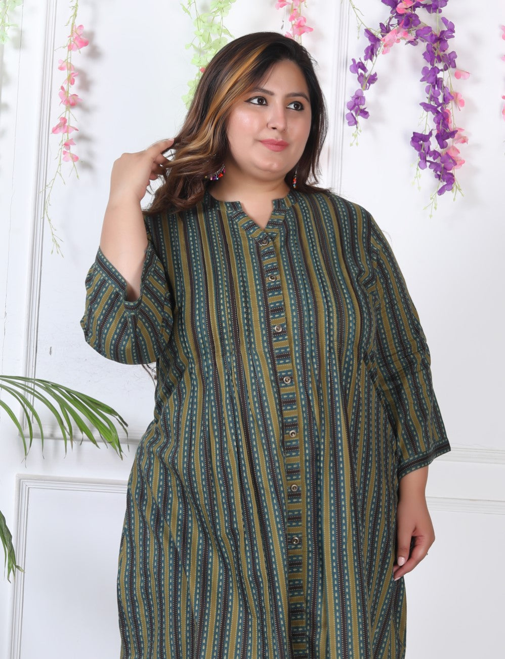 Plus Size Printed Women Green Tunic Dress-1300005