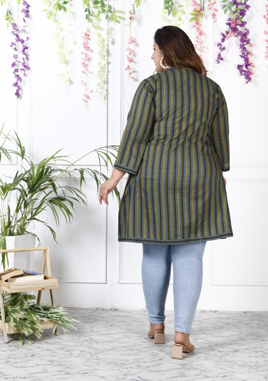 Plus Size Printed Women Green Tunic Dress-1300005