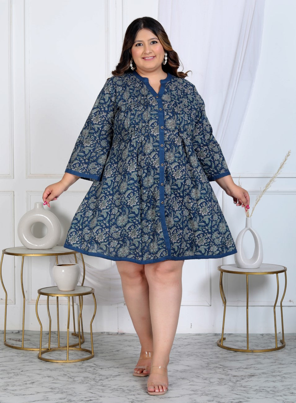 Plus Size Printed Women Navy Blue Tunic Dress-1300006