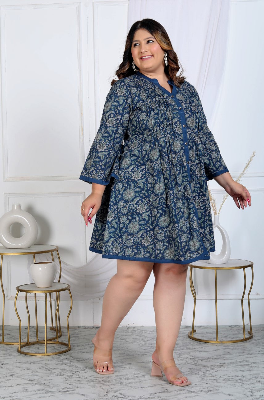 Plus Size Printed Women Navy Blue Tunic Dress-1300006