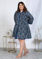 Plus Size Printed Women Navy Blue Tunic Dress-1300006