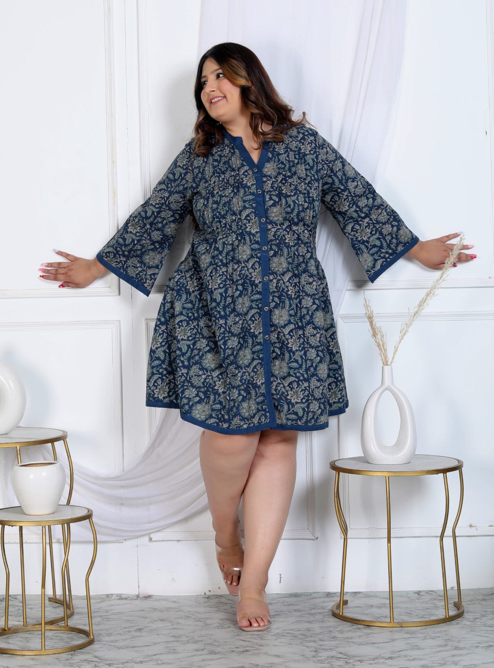 Plus Size Printed Women Navy Blue Tunic Dress-1300006