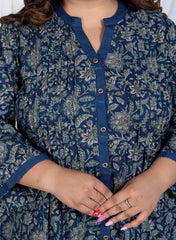 Plus Size Printed Women Navy Blue Tunic Dress-1300006