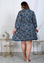 Plus Size Printed Women Navy Blue Tunic Dress-1300006