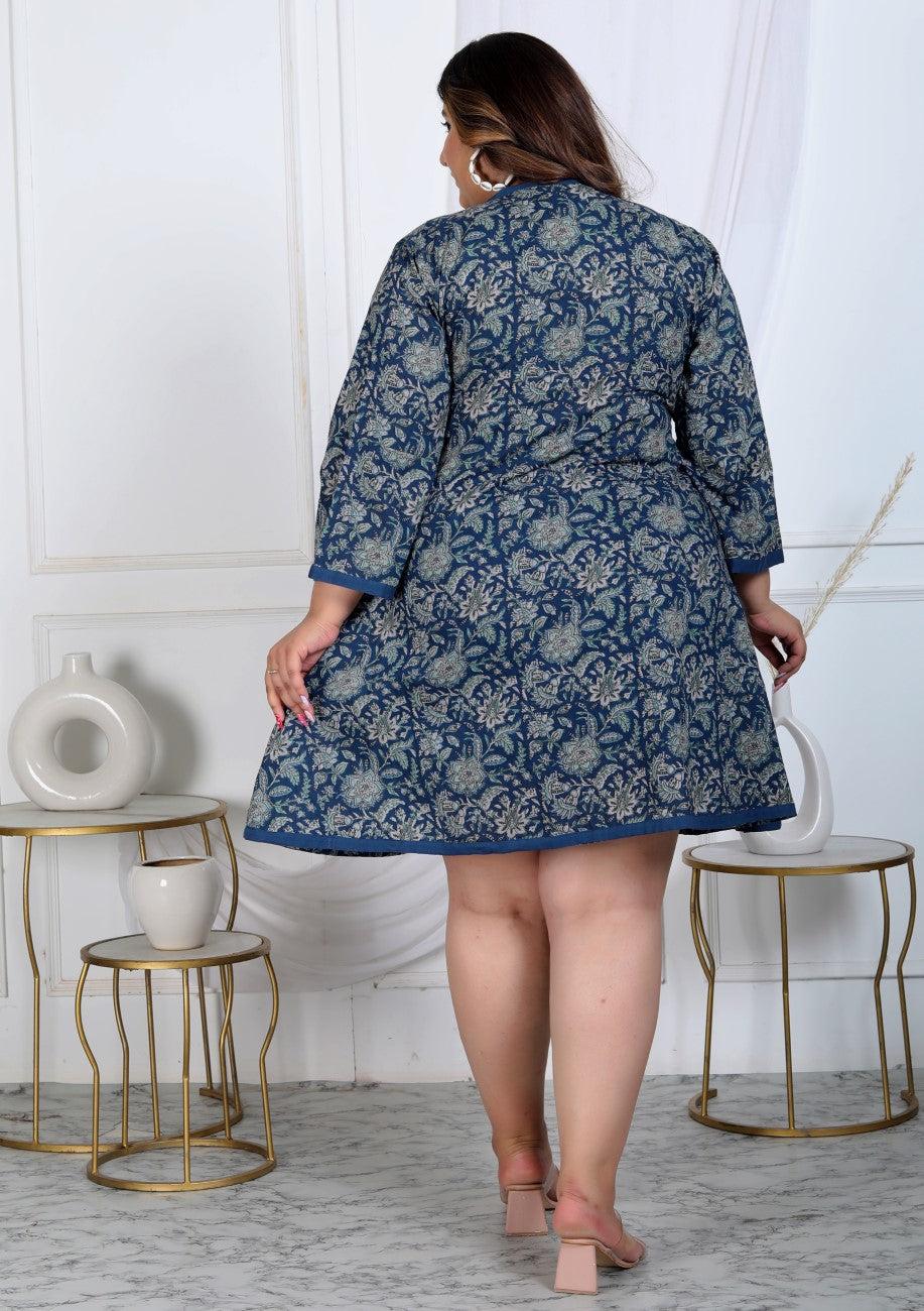 Plus Size Printed Women Navy Blue Tunic Dress-1300006