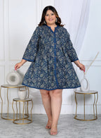 Plus Size Printed Women Navy Blue Tunic Dress-1300006