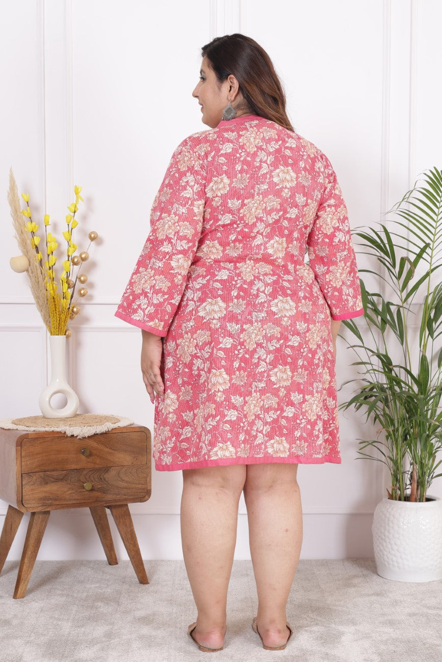 Plus Size Printed Women Pink Tunic Dress-1300007
