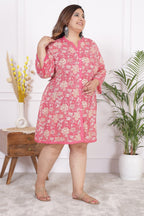 Plus Size Printed Women Pink Tunic Dress-1300007