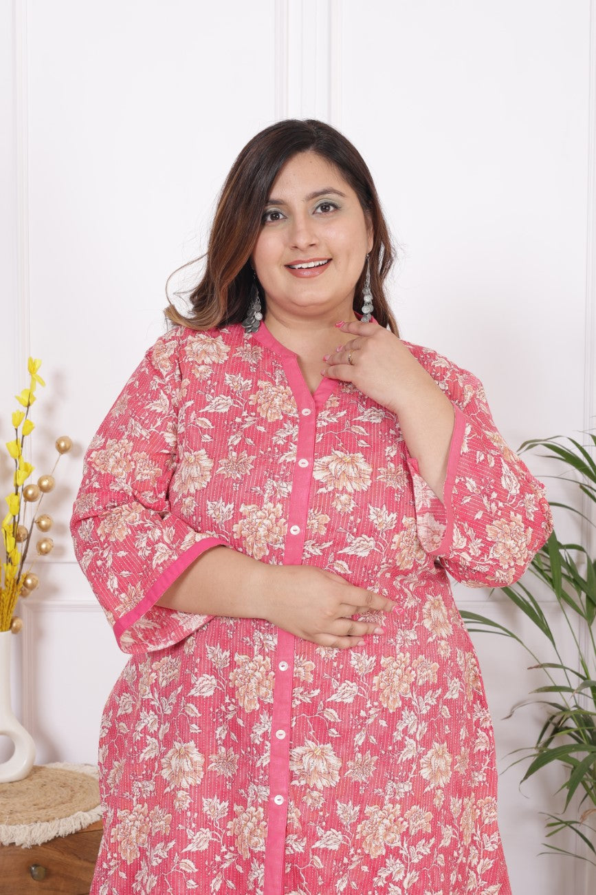 Plus Size Printed Women Pink Tunic Dress-1300007
