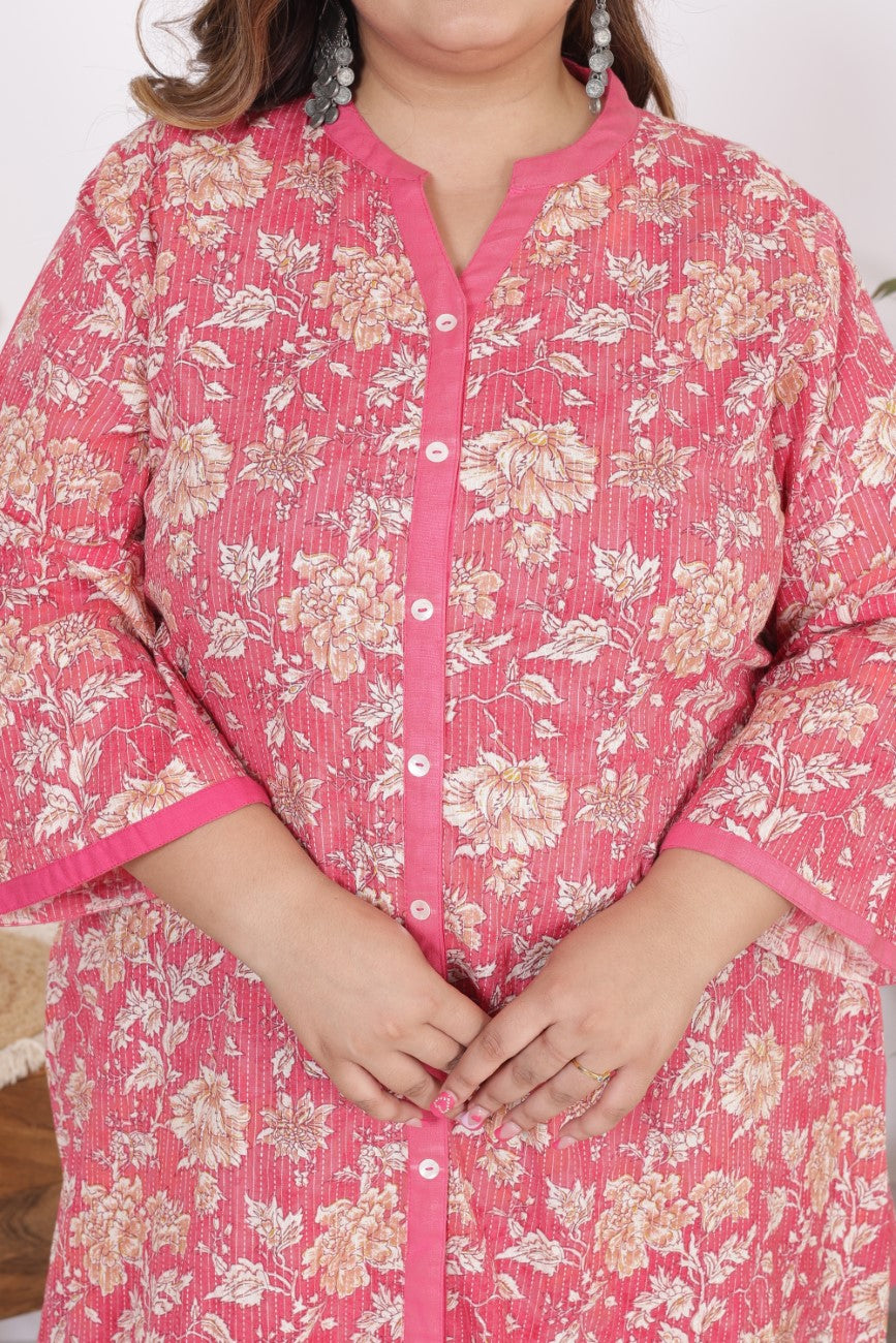 Plus Size Printed Women Pink Tunic Dress-1300007