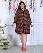 Plus Size Zig Zag Print Cotton Blend Black Tunic Dress-1300008