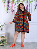 Plus Size Zig Zag Print Cotton Blend Black Tunic Dress-1300008