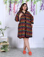 Plus Size Zig Zag Print Cotton Blend Black Tunic Dress-1300008