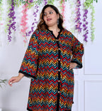 Plus Size Zig Zag Print Cotton Blend Black Tunic Dress-1300008
